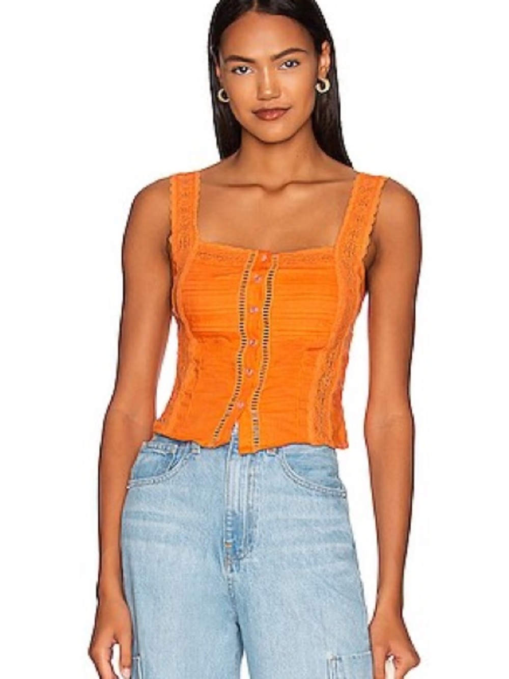 Free People Orange Lace-Trim Button Front Cami